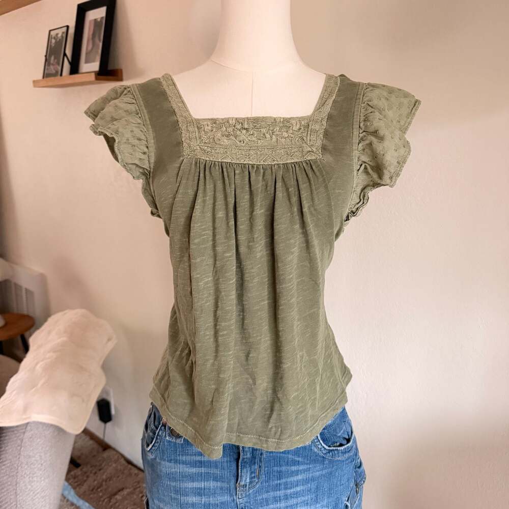 Lucky Brand Olive Green Square Neck Blouse Embroidered Yoke & Ruffle Sleeves